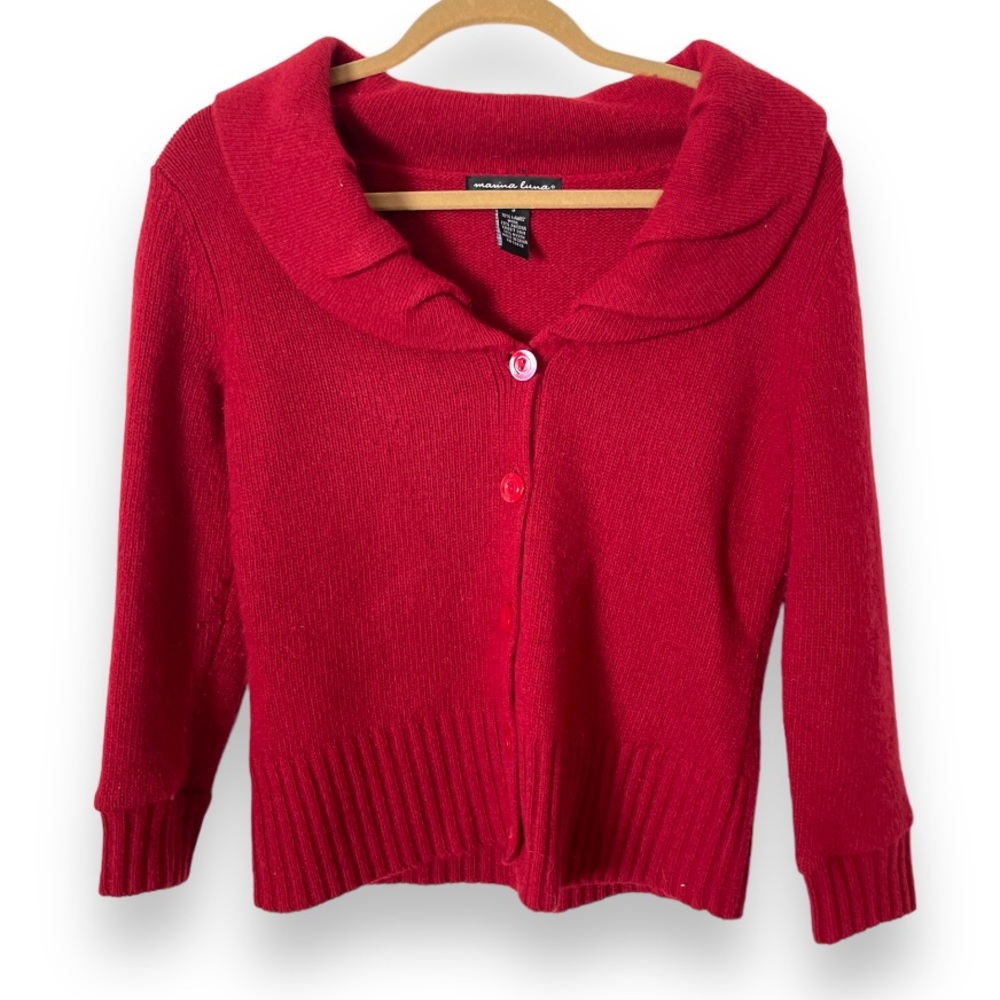 Marina Luna Lambswool Angora Blend Cherry Red Shawl‎ Collar Button Cardigan